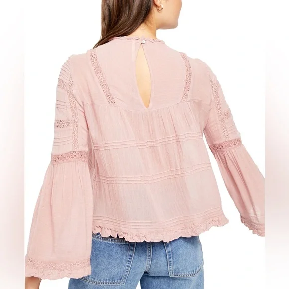 Free People Peony Olivia Eyelet Lace Blouse in Dusty Rose Pink with Long Sleeves - Picture 2 of 10